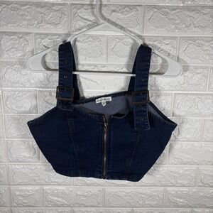Derek Heart Denim Crop Top Adjustable Strap Buckle Zipper‎ Dark Blue Bra Medium